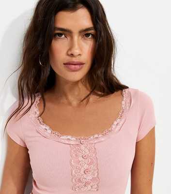 Pink Cotton-Rich Rib Lace Trim Henley T-Shirt