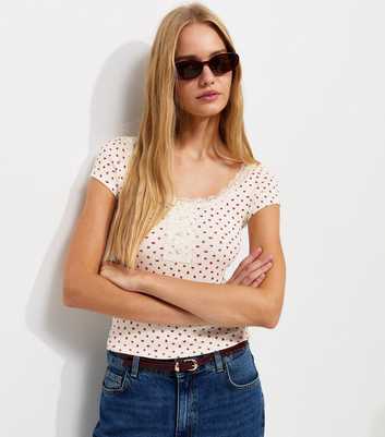 Cream Cotton Rich Ditsy Print Ribbed Lace Trim Henley Top
