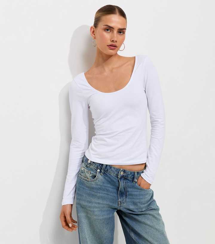 White Cotton Rich Long Sleeve Scoop Neck Top