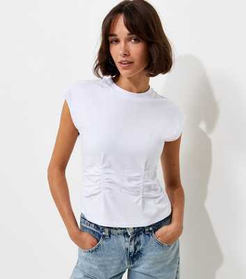 White Cotton Rich Ruched Waist Cap Sleeve T-Shirt