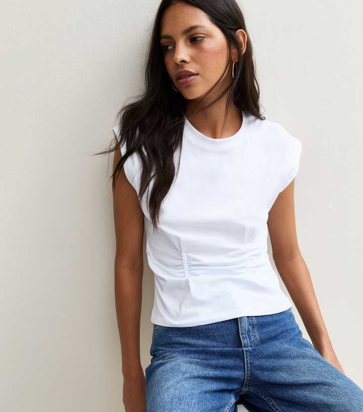 White Cotton Rich Ruched Waist Cap Sleeve T-Shirt