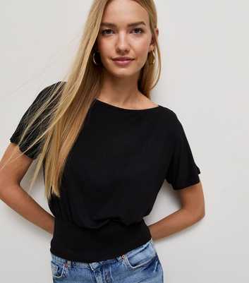 Black Jersey Draped Wide Waistband Top