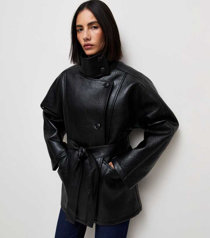 Black Faux Leather Funnel Neck Biker Jacket