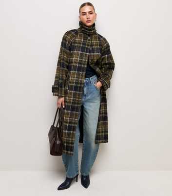Green Check Pattern Funnel Neck Longline Dolly Coat