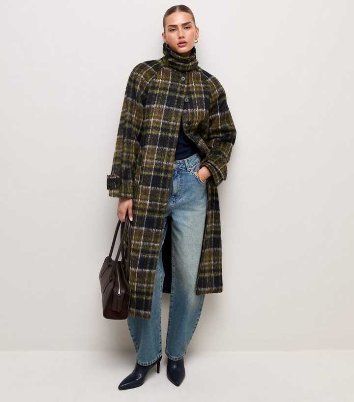 Green Check Pattern Funnel Neck Longline Dolly Coat