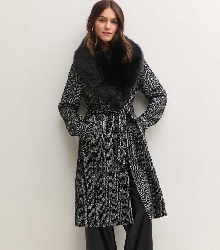 Petite Dark Grey Herringbone Detachable Faux Fur Collar Coat