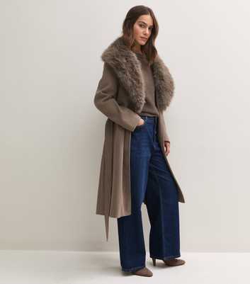 Petite Mink Faux Fur Collar Belted Wrap Coat