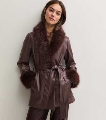 Petite Dark Burgundy Faux Fur Cuff Faux Leather Midi Jacket