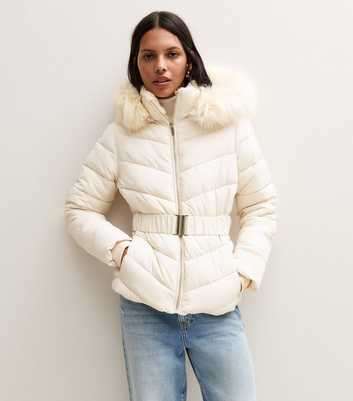 Off White Faux Fur Hood Belted Puffer Jacket