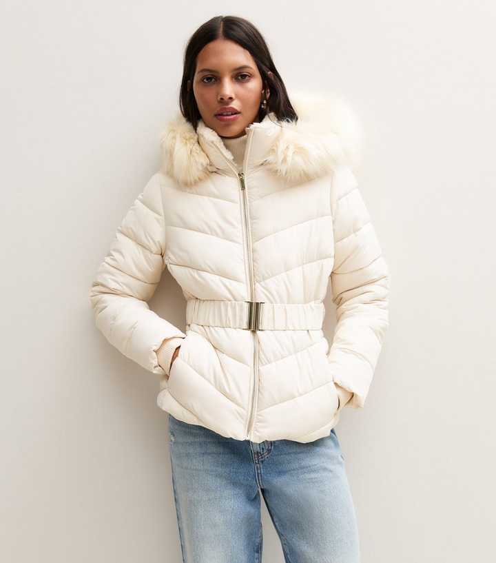 Off White Faux Fur Hood Belted Puffer Jacket