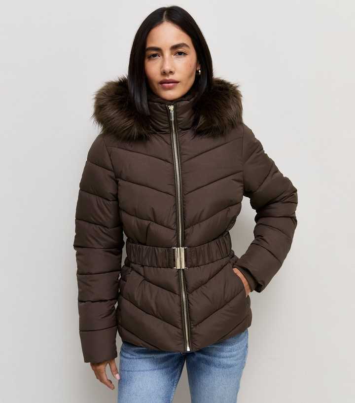 Dark Brown Faux Fur Hood Belted Puffer Jacket
