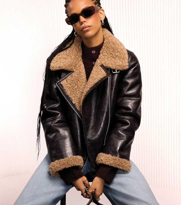 Brown Faux Leather Faux Shearling Lined Funnel Aviator Jacket