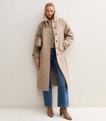 Oatmeal Brushed Funnel Neck Longline Coat