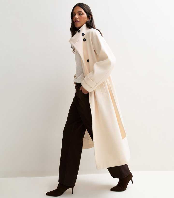 Off White Funnel Neck Button Up Belted Longline Coat