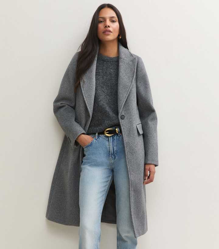 Grey Herringbone Midi Coat