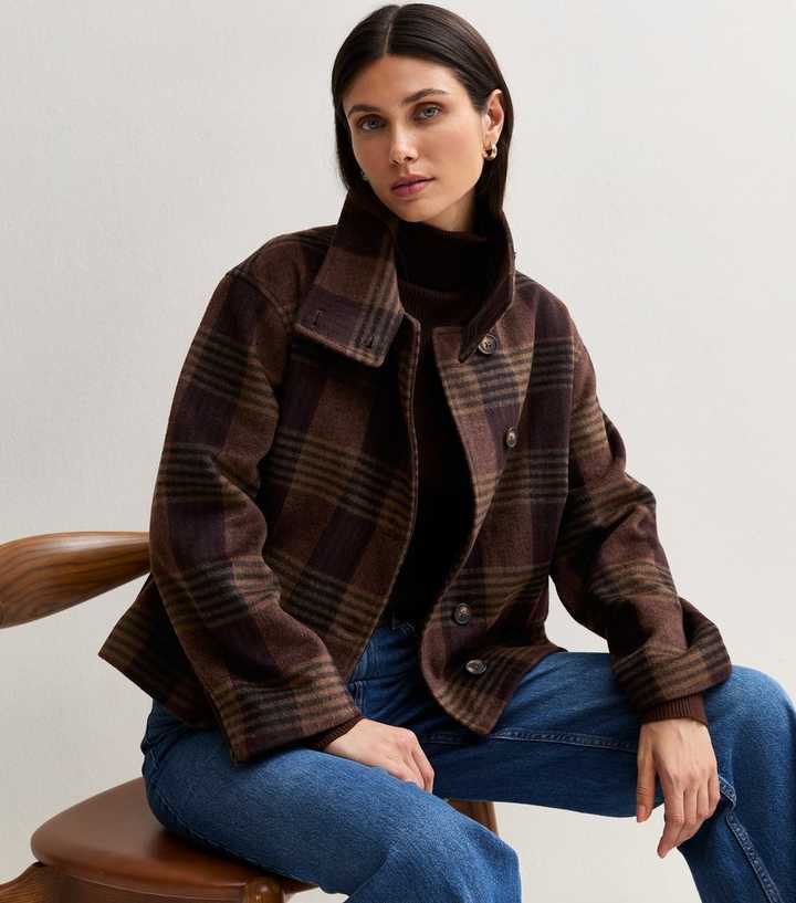 Brown Felt Check Funnel Neck Jacket