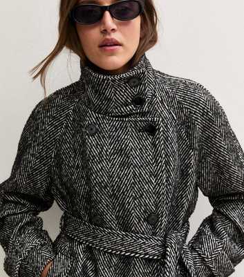 Black Herringbone Funnel Neck Belted Jacket
