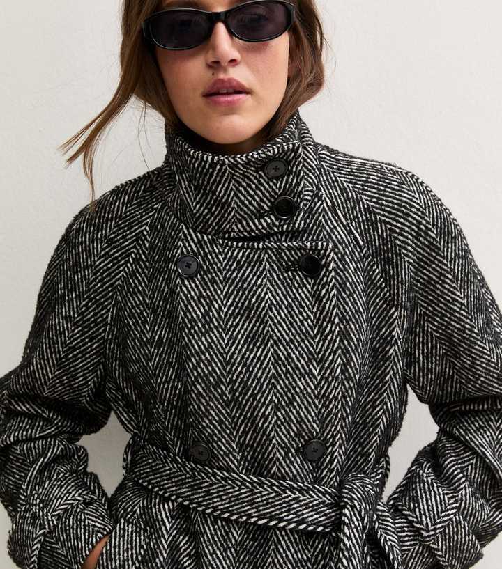 Black Herringbone Funnel Neck Belted Jacket
