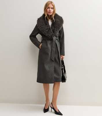 Dark Grey Faux Fur Wide Collar Belted Coat