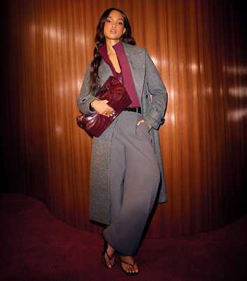 Grey Padded Shoulder Belted Longline Coat