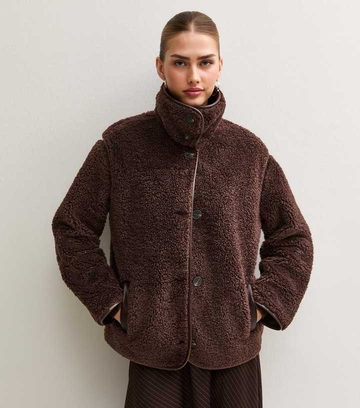 Dark Burgundy Borg Texture Funnel Neck Jacket