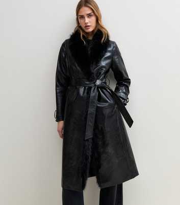 Black Faux Leather Faux Fur Collared Belted Wrap Coat