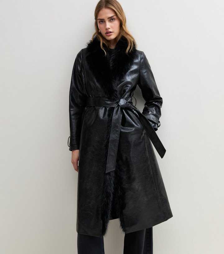 Black Faux Leather Faux Fur Collared Belted Wrap Coat