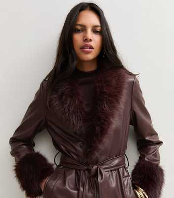 Dark Burgundy Textured Faux Fur Trims Faux Leather Coat