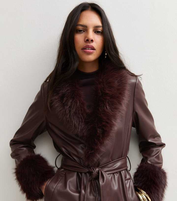 Dark Burgundy Textured Faux Fur Trims Faux Leather Coat
