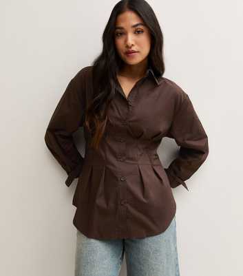 Petite Dark Brown Fitted Waist Long Sleeve Shirt