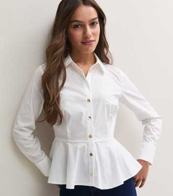 Petite White Cotton Rich Peplum Hem Golden Button Shirt