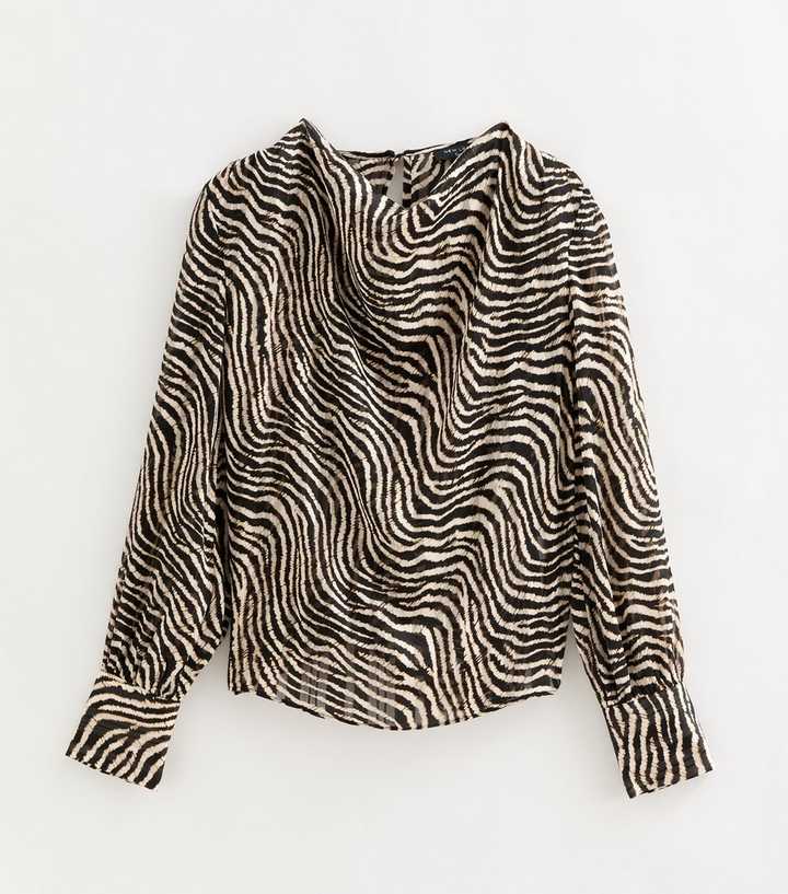Tall Black Zebra Print Cowl Neck Long Sleeve Blouse