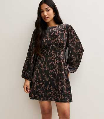 Petite Brown Velvet Flocked Animal Print Long Sleeve Mini Dress