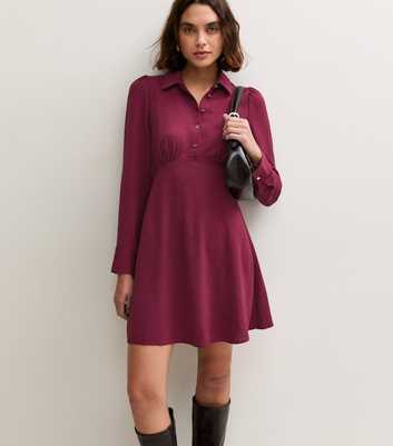 Tall Dark Burgundy Long Sleeve Button Front Mini Shirt Dress