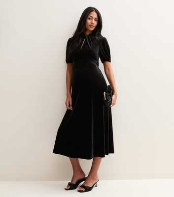 Black Velvet Twist Neck Puff Sleeve Midi Dress