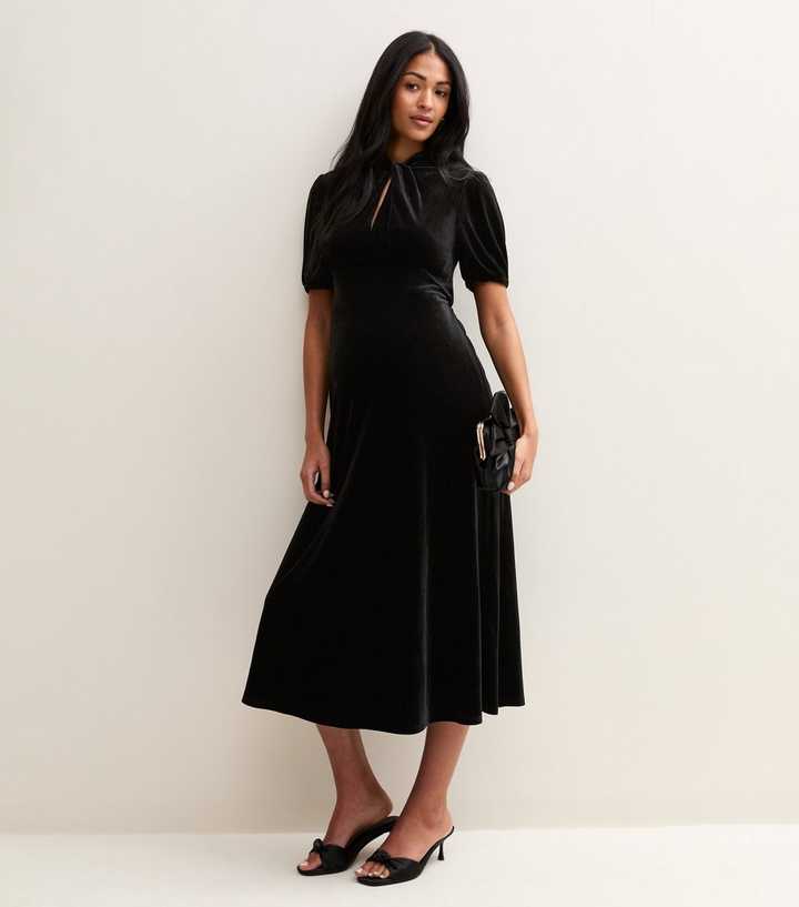 Black Velvet Twist Neck Puff Sleeve Midi Dress