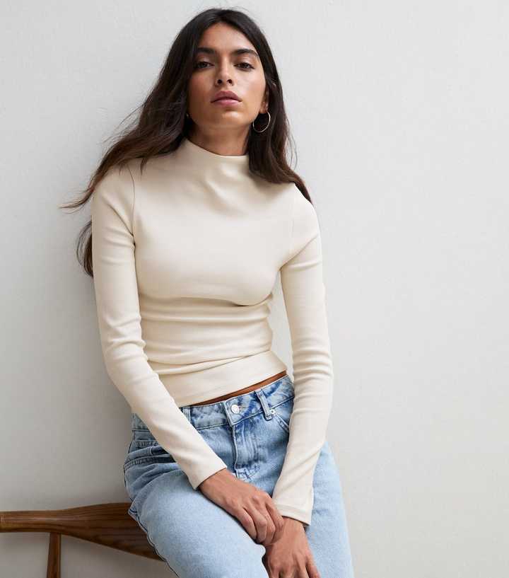 Premium Cream Cotton Rich Ribbed Long Sleeve Top