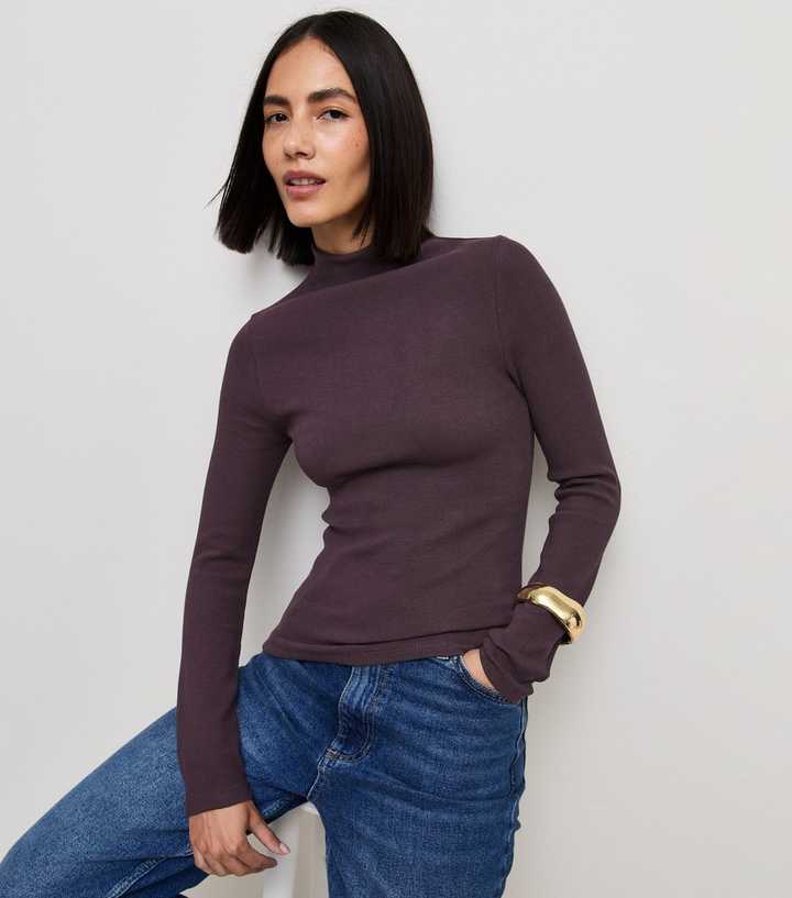 Premium Dark Brown Cotton Rich Ribbed Long Sleeve Top