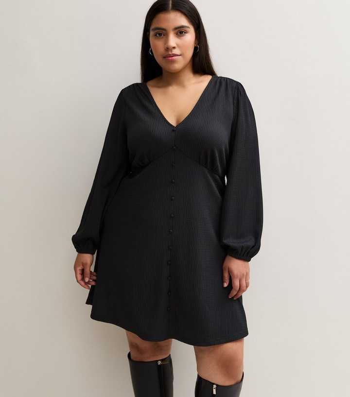 Curves Black Crinkle Textured V Neck Button Up Long Sleeve Mini Dress