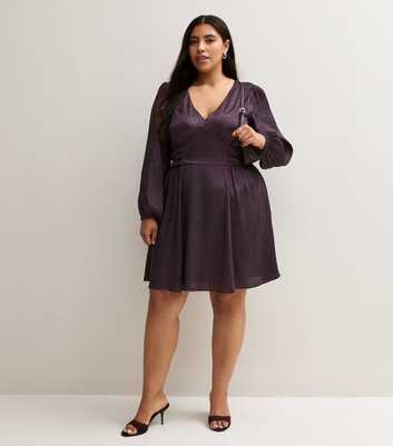 Curves Dark Purple Jacquard V-Neck Long Sleeve Mini Dress