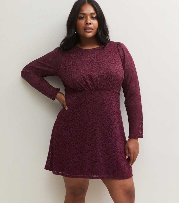 Curves Dark Burgundy Lace Long Sleeve Mini Dress
