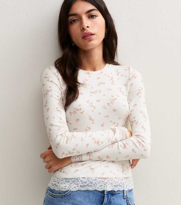 Cream Lace Trim Floral Print T-Shirt with Cotton