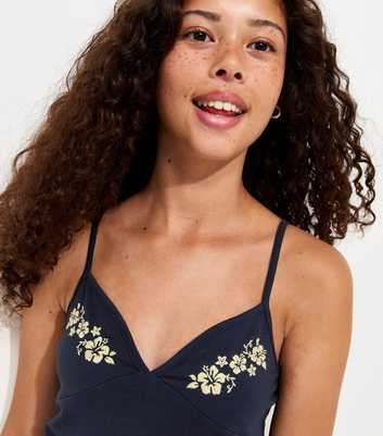 Girls Blue Embroidered Flower Cami Top