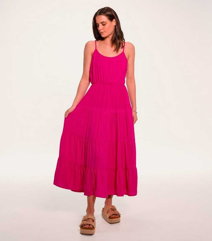 Sunshine Soul Bright Pink Tiered Cami Midi Dress