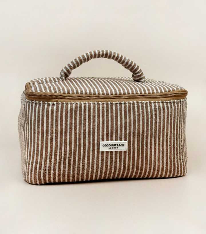 Coconut Lane Brown Stripes Travel Towelling Vanity Makeup Bag