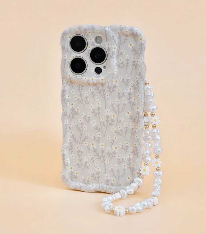 Coconut Lane White Daisy Pearl Bead Phone Strap