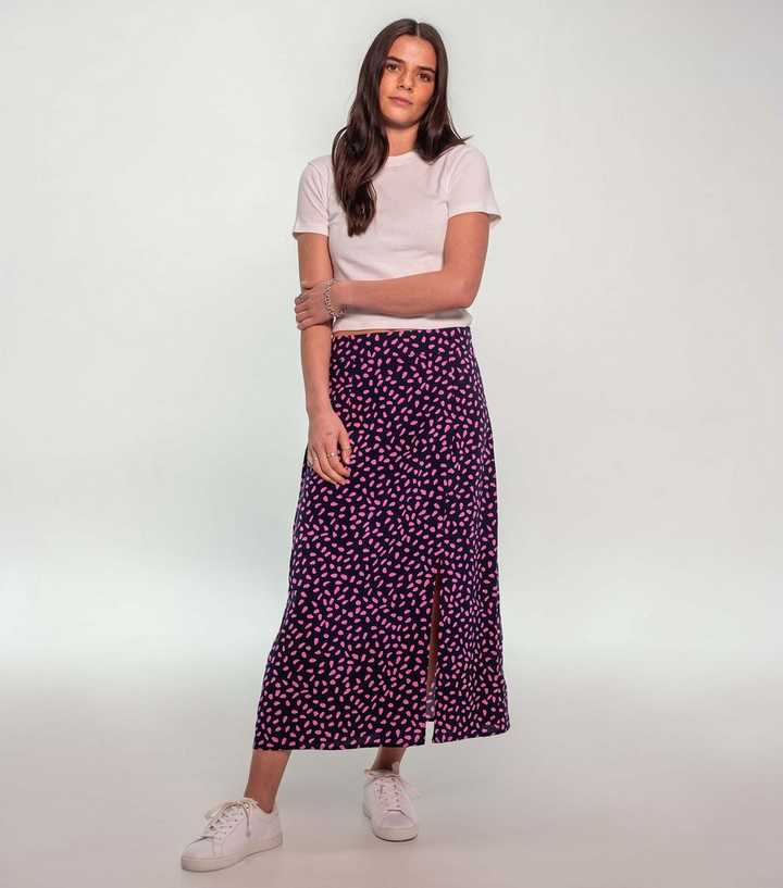 Sunshine Soul Navy and Pink Abstract Polka Dot Split Midi Skirt