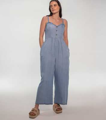 Sunshine Soul Light Blue Denim Strappy Wide Leg Jumpsuit