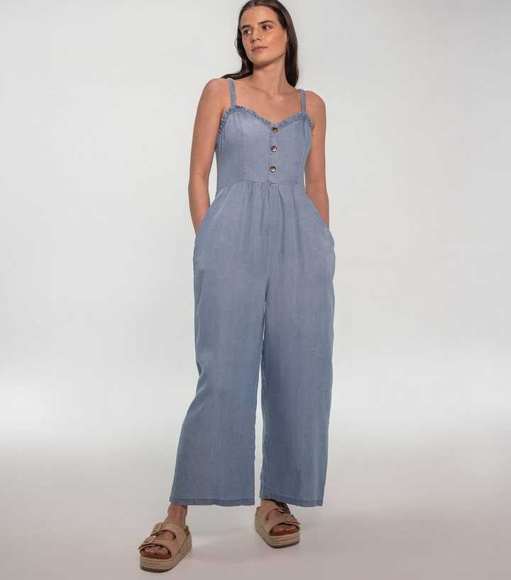 Sunshine Soul Light Blue Denim Strappy Wide Leg Jumpsuit