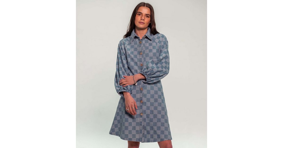 Sunshine Soul Blue Check Textured Button Denim Mini Dress